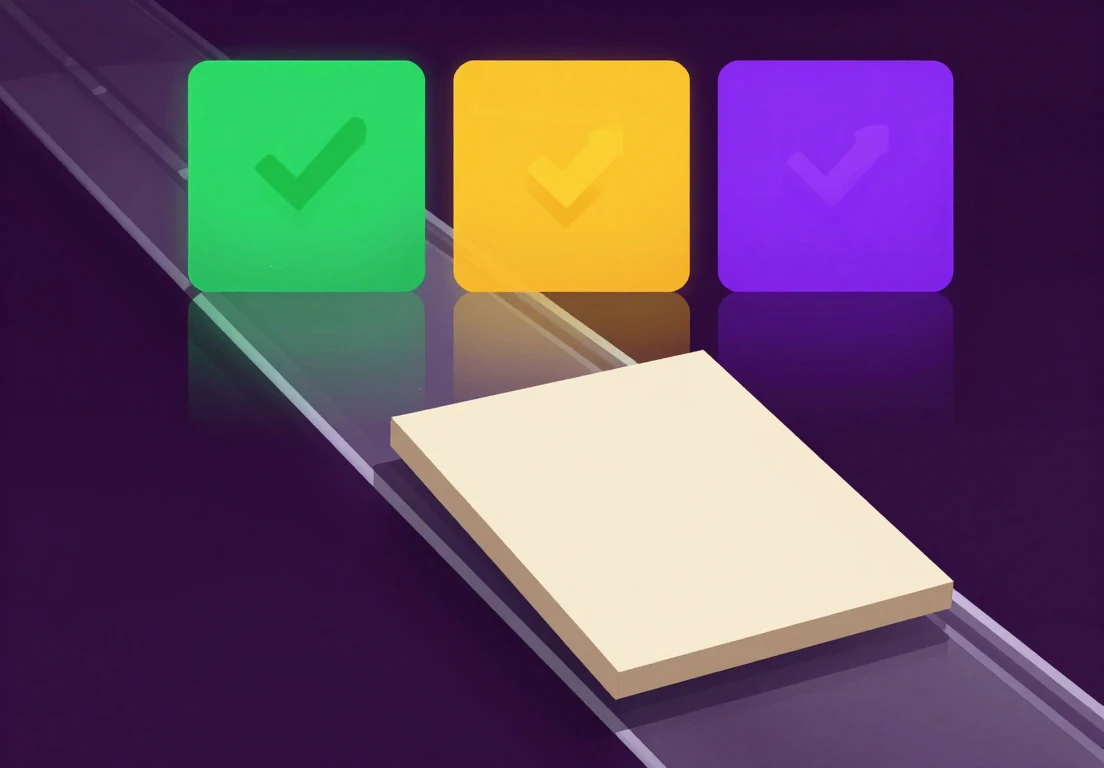 Three colored check-mark tiles above a blank article card, representing an approval gate for a WordPress draft.