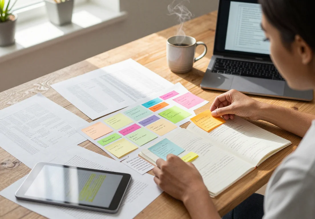 Notes, PDFs, and highlighted source material arranged for blog article planning.