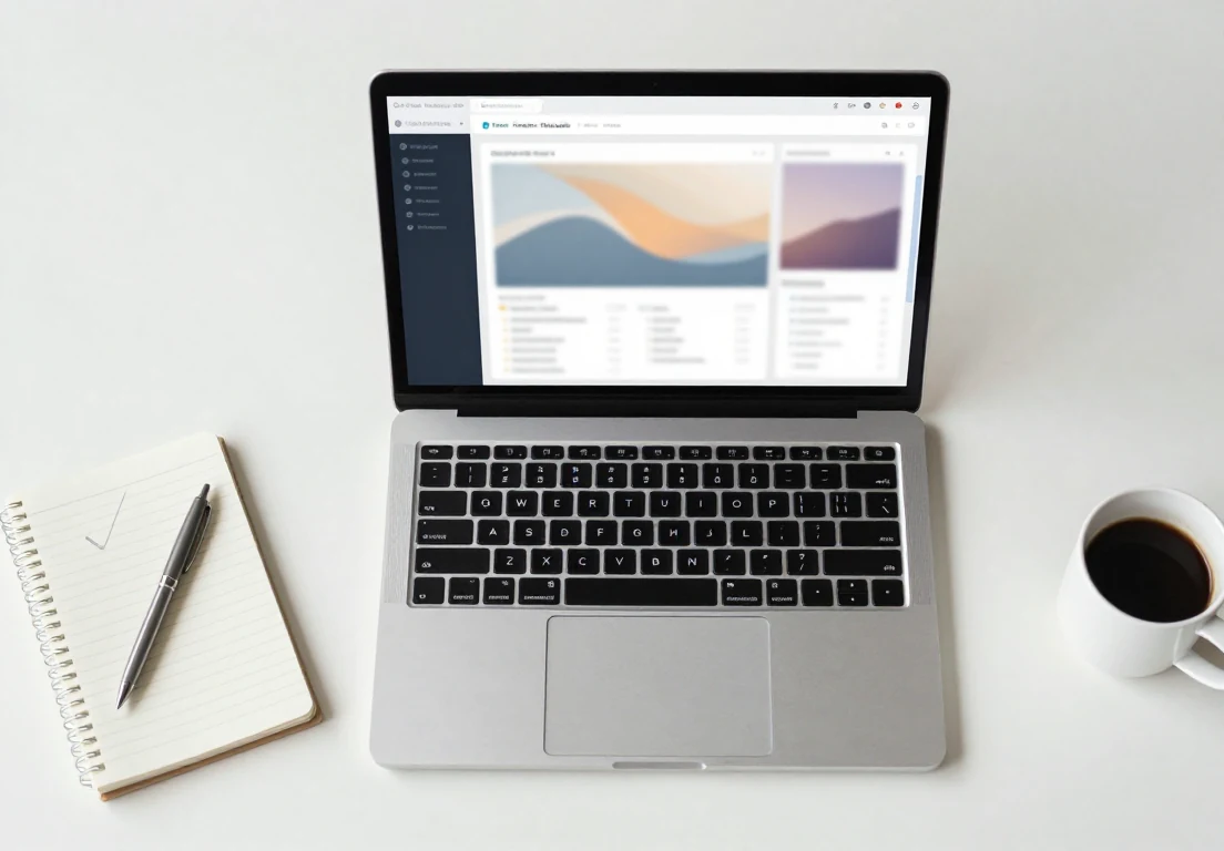 Open laptop with a blurred dashboard beside a notebook, pen, and coffee on a clean desk.