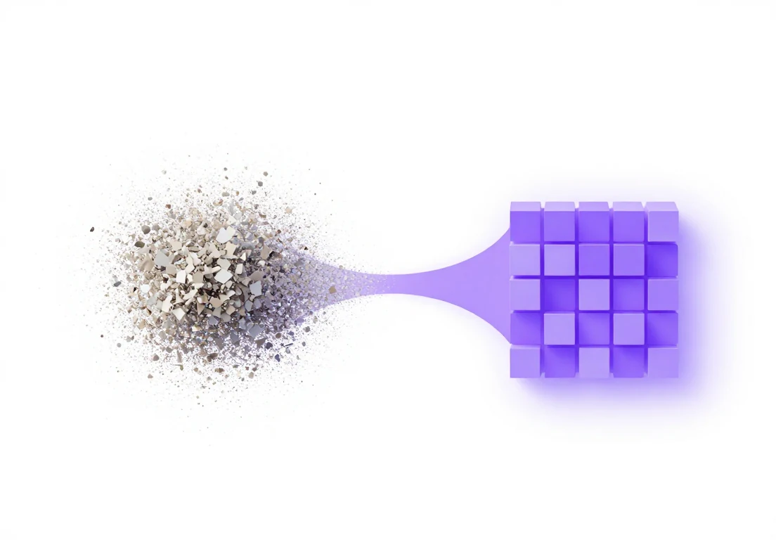 Abstract purple blocks forming an ordered grid from scattered fragments, representing source material becoming structured input.