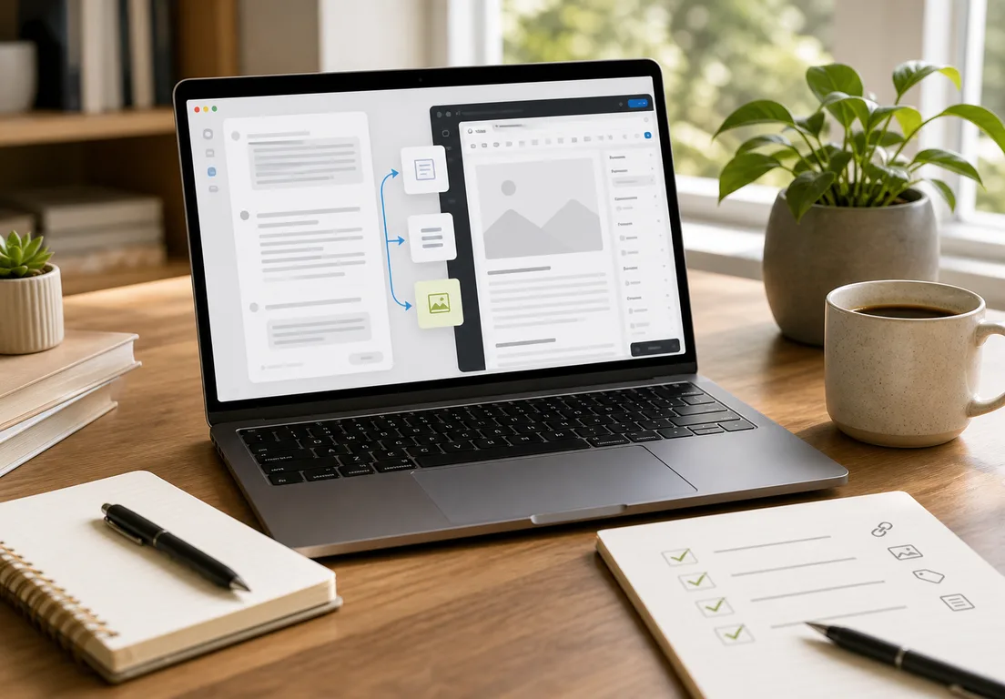 Laptop showing a blurred chat draft and WordPress-style editor connected by workflow cards on a desk.