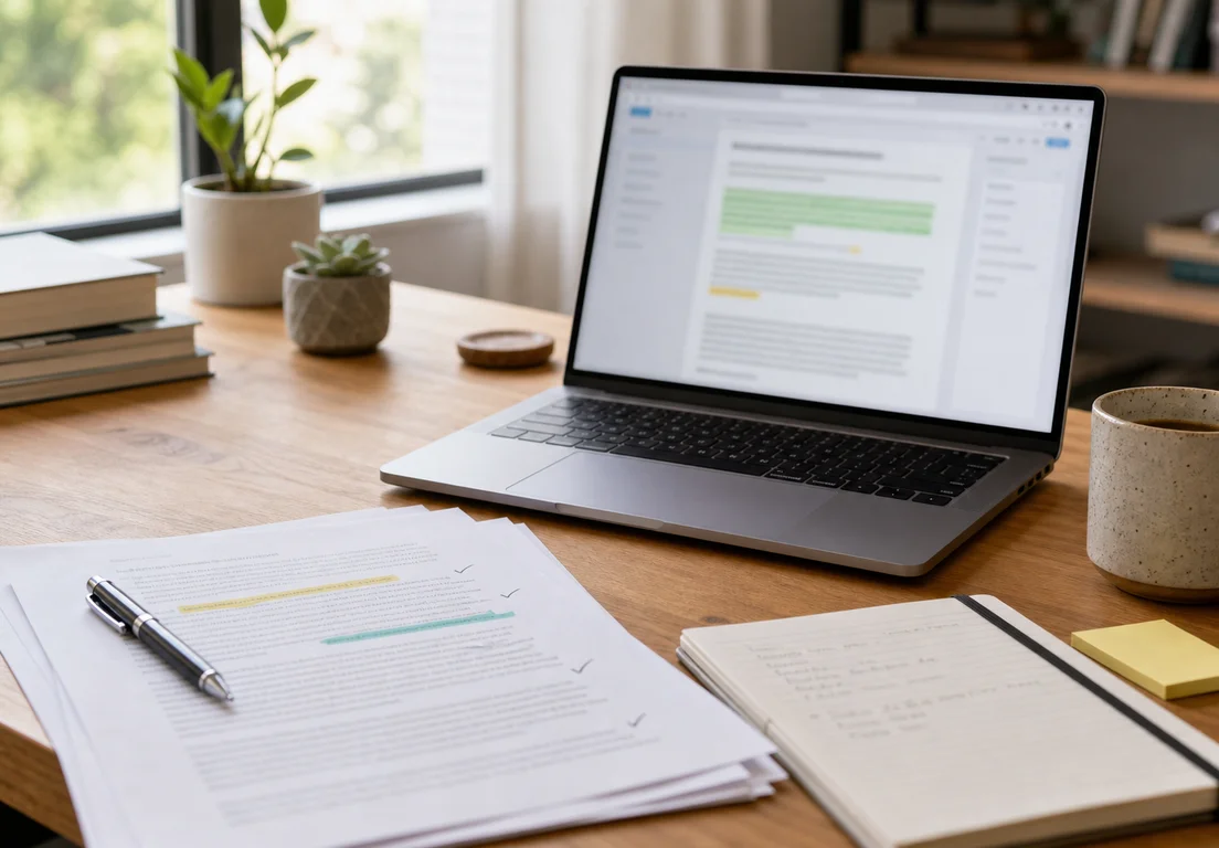 Laptop showing a blurred blog draft beside marked pages, a notebook, pen, and coffee on a desk.
